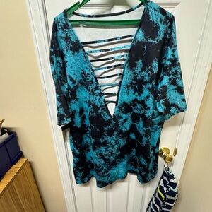 SHEIN Black and Teal Tie-Dye Short Sleeve Top